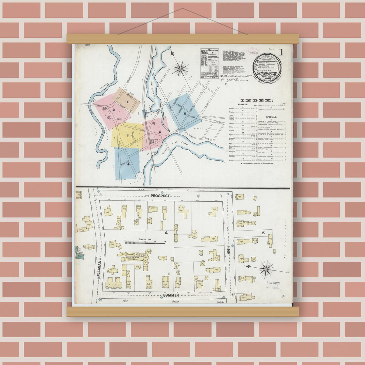 Old map wall art mockup — magnetic wood frame on brick wall — Sanborn Fire Insurance Map from East Hampton, Hampshire County, Massachusetts (1889), Sheet #0001