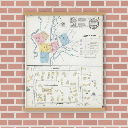 Old map wall art mockup — magnetic wood frame on brick wall — Sanborn Fire Insurance Map from East Hampton, Hampshire County, Massachusetts (1889), Sheet #0001