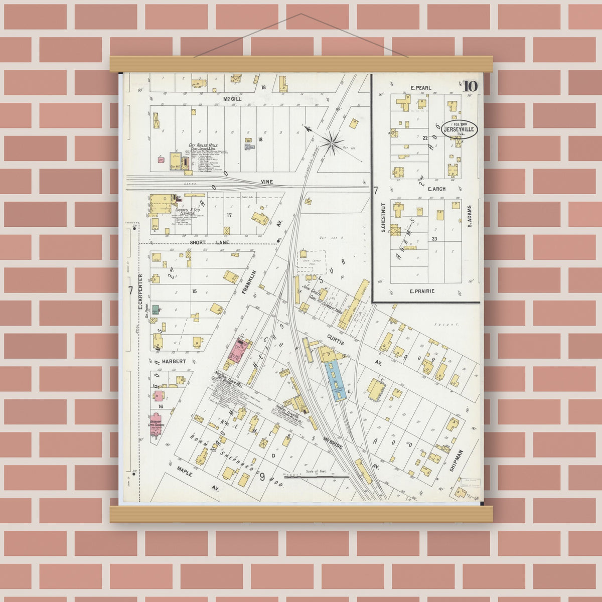 Old map wall art mockup — magnetic wood frame on brick wall — Sanborn Fire Insurance Map from Jerseyville, Jersey County, Illinois (1900), Sheet #0010