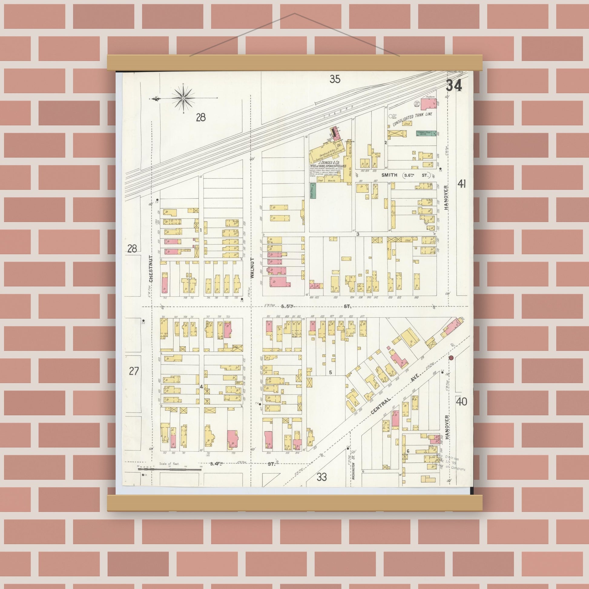 Old map wall art mockup — magnetic wood frame on brick wall — Sanborn Fire Insurance Map from Hamilton, Butler County, Ohio (1899), Sheet #0034