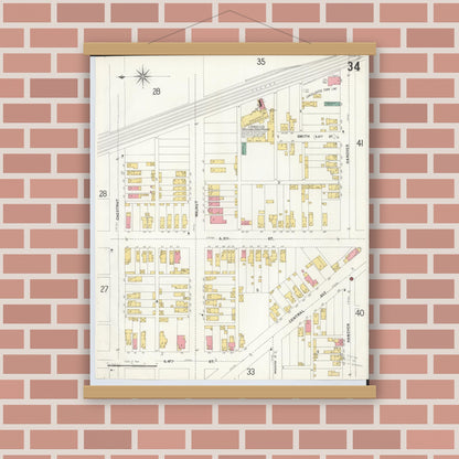 Old map wall art mockup — magnetic wood frame on brick wall — Sanborn Fire Insurance Map from Hamilton, Butler County, Ohio (1899), Sheet #0034