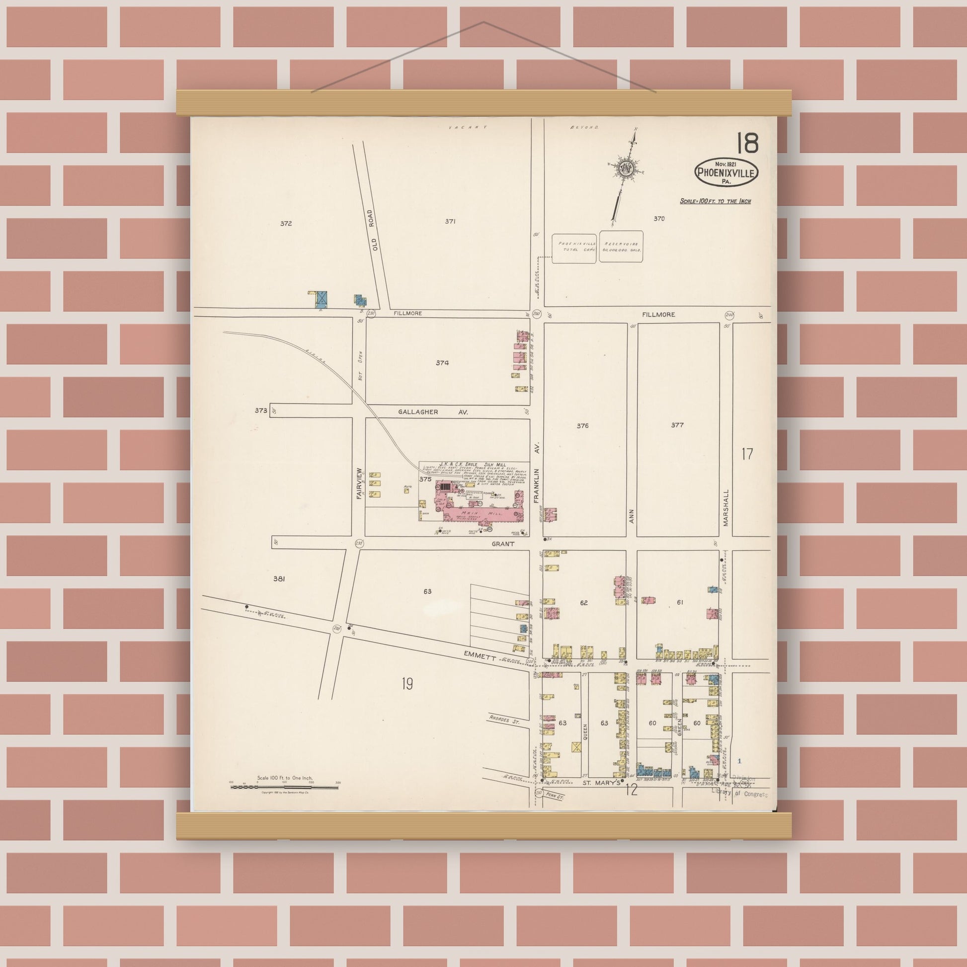 Old map wall art mockup — magnetic wood frame on brick wall — Sanborn Fire Insurance Map from Phoenixville, Chester County, Pennsylvania (1921), Sheet #0018