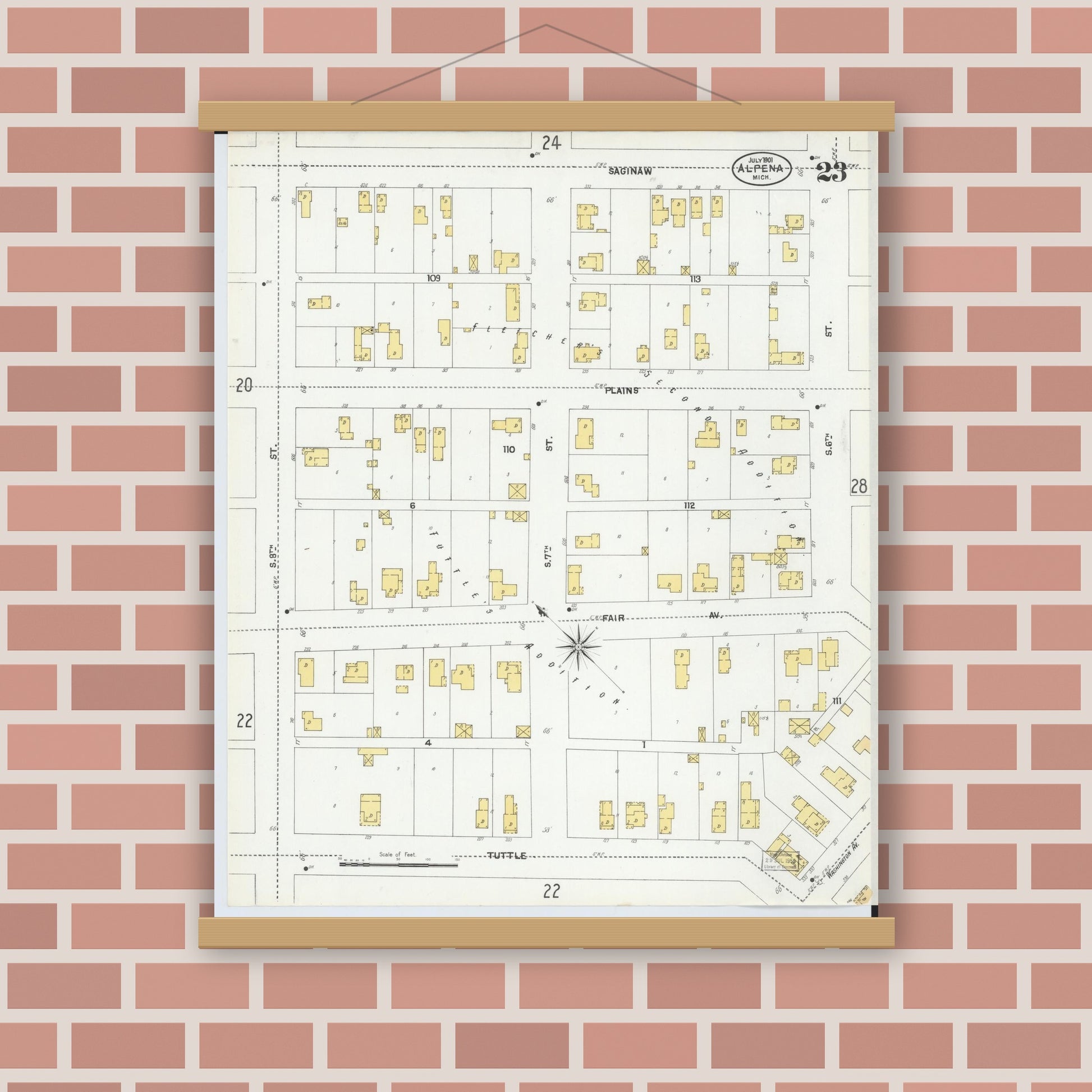 Old map wall art mockup — magnetic wood frame on brick wall — Sanborn Fire Insurance Map from Alpena, Alpena County, Michigan (1901), Sheet #0023