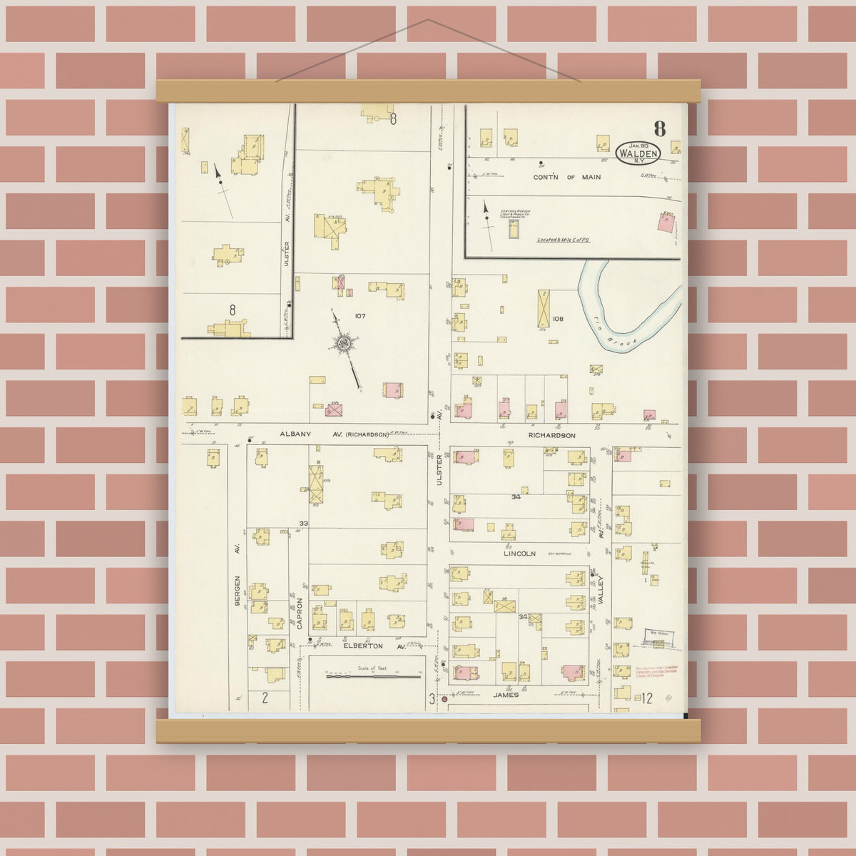 Old map wall art mockup — magnetic wood frame on brick wall — Sanborn Fire Insurance Map from Walden, Orange County, New York (1913), Sheet #0008