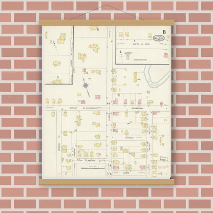 Old map wall art mockup — magnetic wood frame on brick wall — Sanborn Fire Insurance Map from Walden, Orange County, New York (1913), Sheet #0008