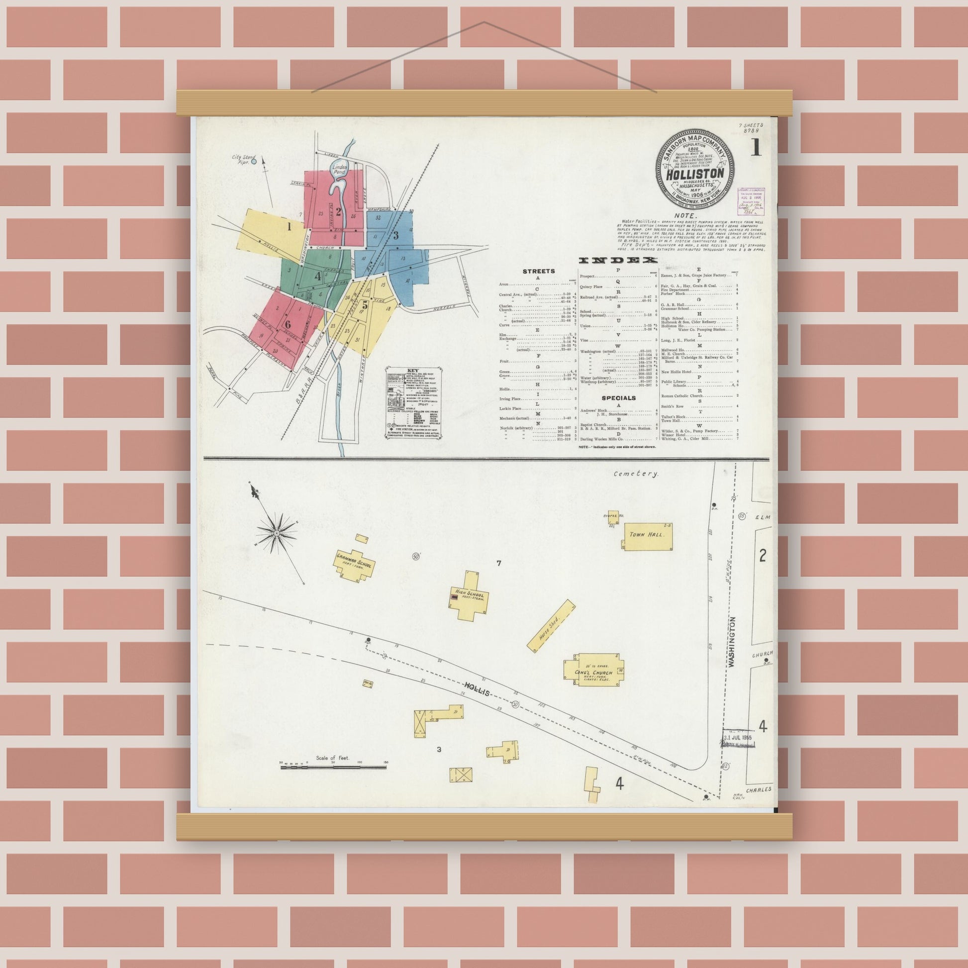 Old map wall art mockup — magnetic wood frame on brick wall — Sanborn Fire Insurance Map from Holliston, Middlesex County, Massachusetts (1906), Sheet #0001