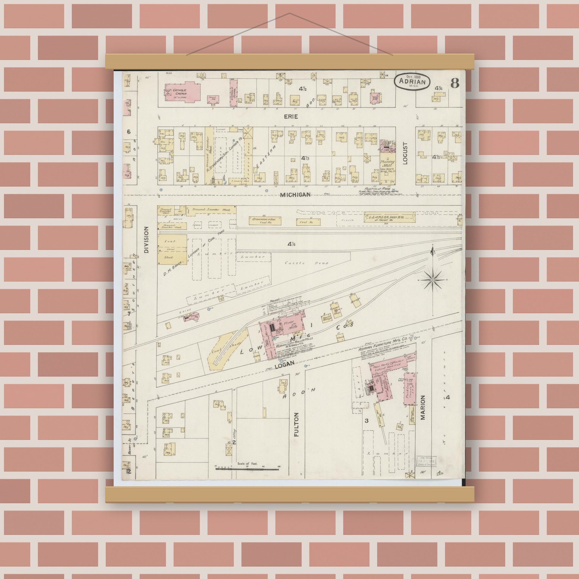 Old map wall art mockup — magnetic wood frame on brick wall — Sanborn Fire Insurance Map from Adrian, Lenawee County, Michigan (1888), Sheet #0008