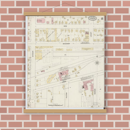 Old map wall art mockup — magnetic wood frame on brick wall — Sanborn Fire Insurance Map from Adrian, Lenawee County, Michigan (1888), Sheet #0008