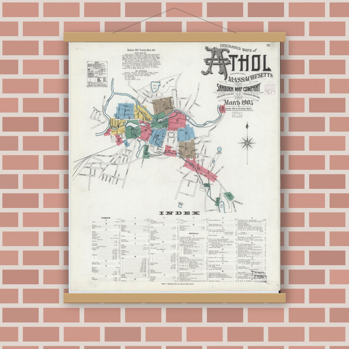 Old map wall art mockup — magnetic wood frame on brick wall — Sanborn Fire Insurance Map from Athol, Worcester County, Massachusetts (1905) - Complete Map Set