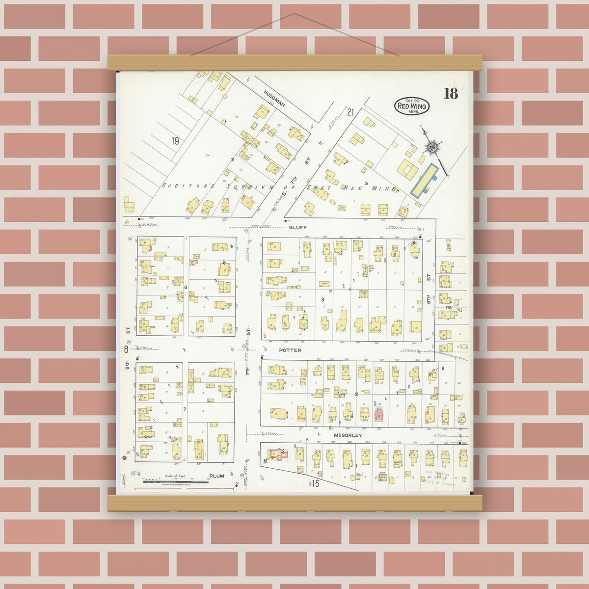 Old map wall art mockup — magnetic wood frame on brick wall — Sanborn Fire Insurance Map from Red Wing, Goodhue County, Minnesota (1917), Sheet #0018