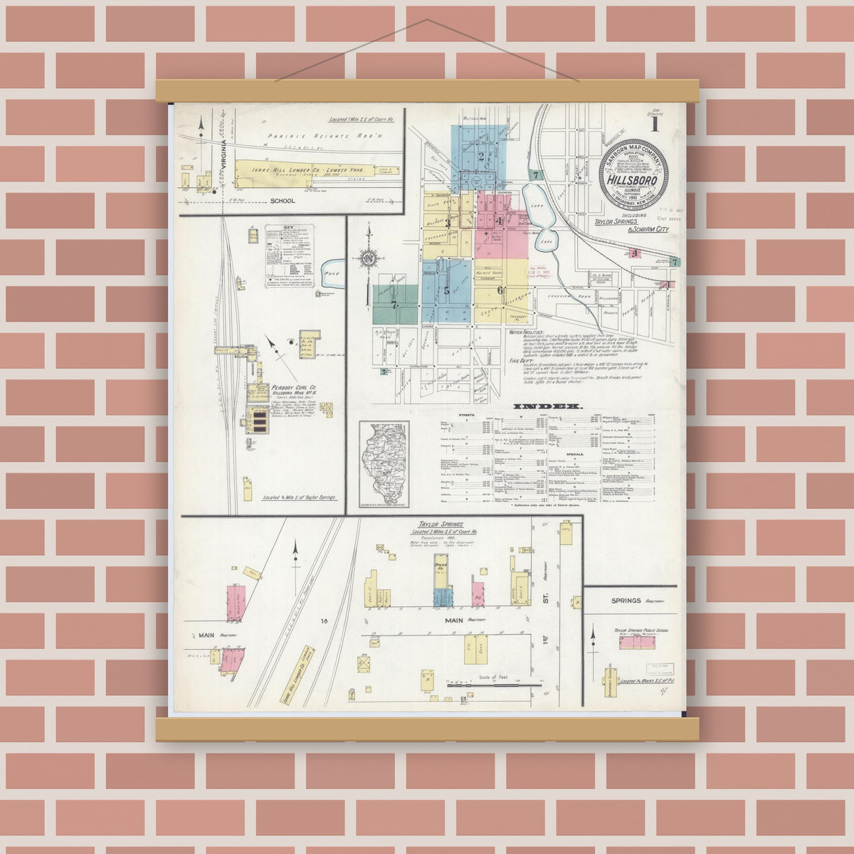 Old map wall art mockup — magnetic wood frame on brick wall — Sanborn Fire Insurance Map from Hillsboro, Montgomery County, Illinois (1912) - Complete Map Set