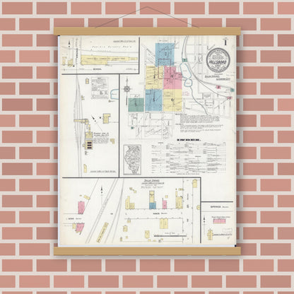 Old map wall art mockup — magnetic wood frame on brick wall — Sanborn Fire Insurance Map from Hillsboro, Montgomery County, Illinois (1912) - Complete Map Set
