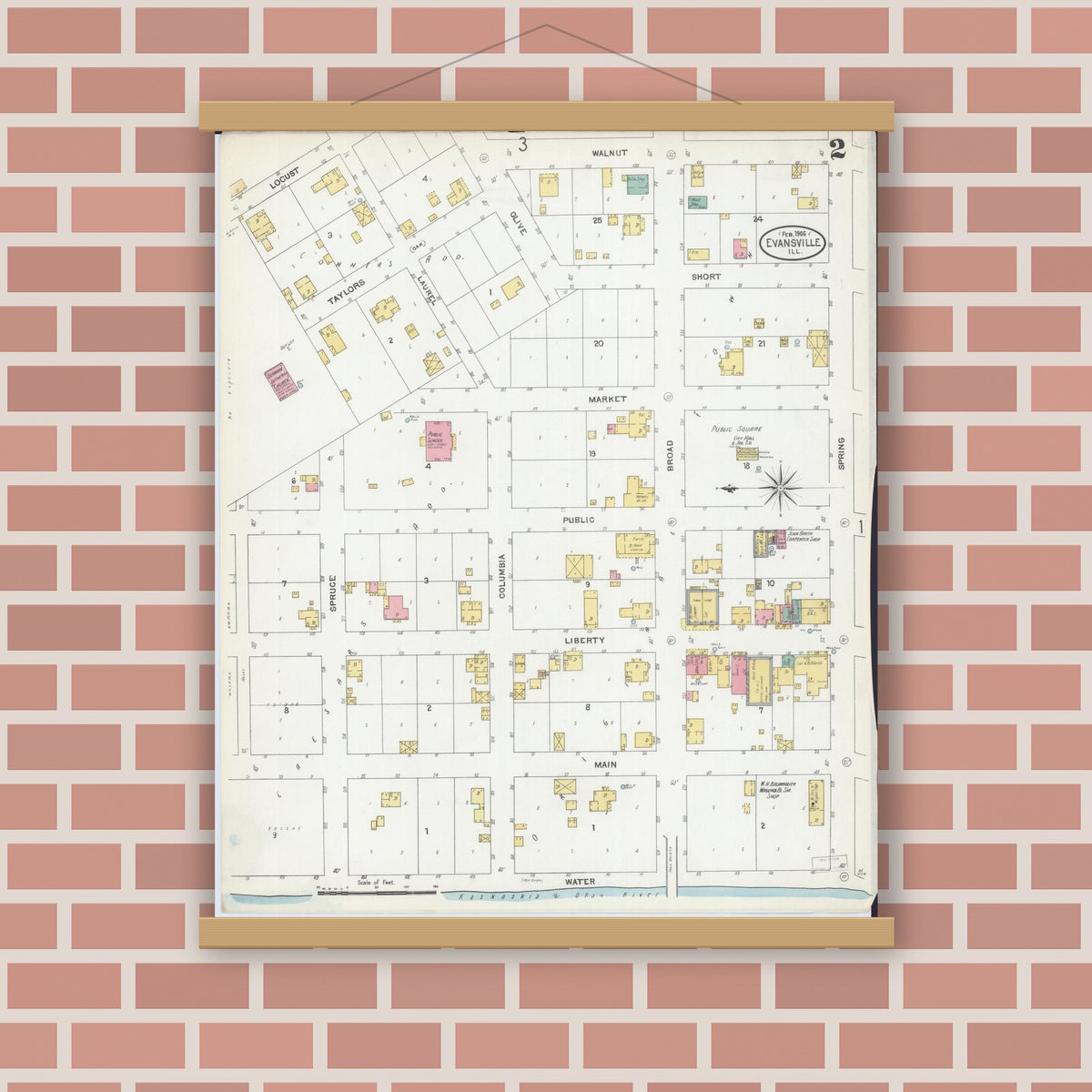 Old map wall art mockup — magnetic wood frame on brick wall — Sanborn Fire Insurance Map from Evansville, Randolph County, Illinois (1906), Sheet #0002