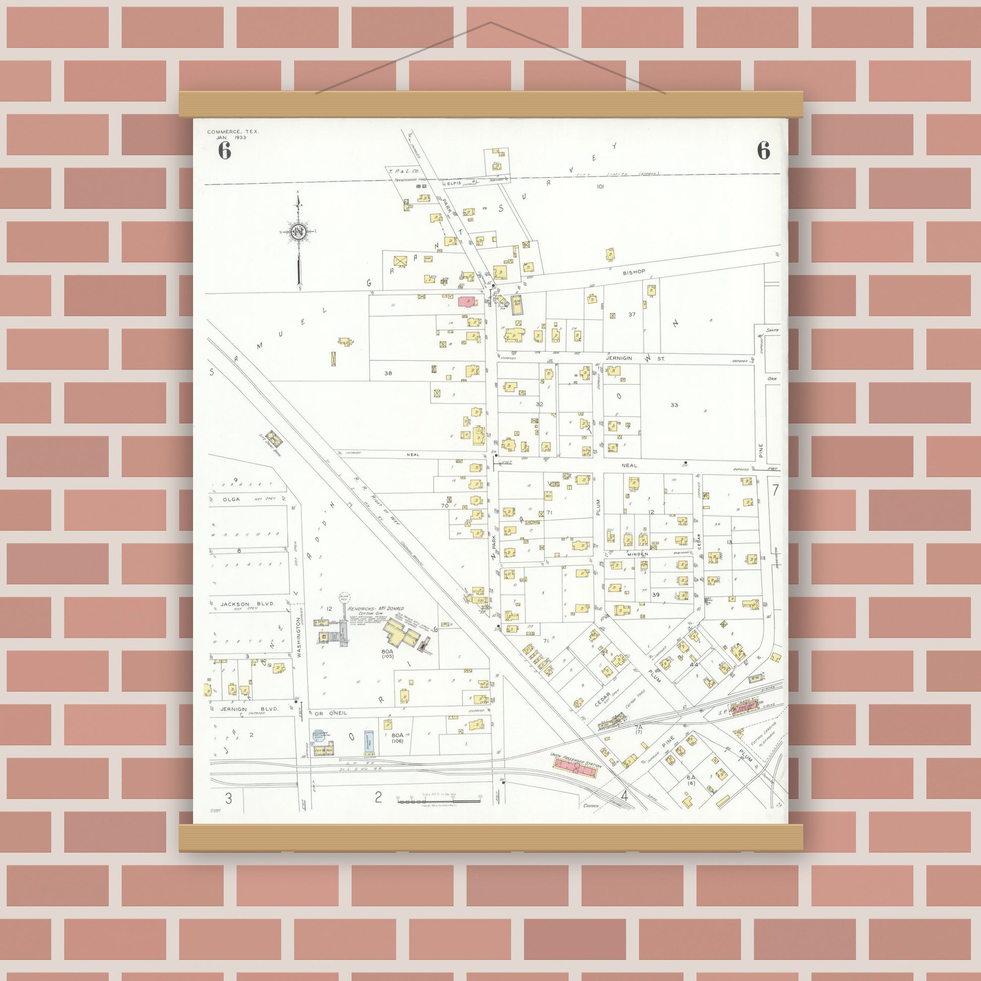 Old map wall art mockup — magnetic wood frame on brick wall — Sanborn Fire Insurance Map from Commerce, Hunt County, Texas (1933), Sheet #0006
