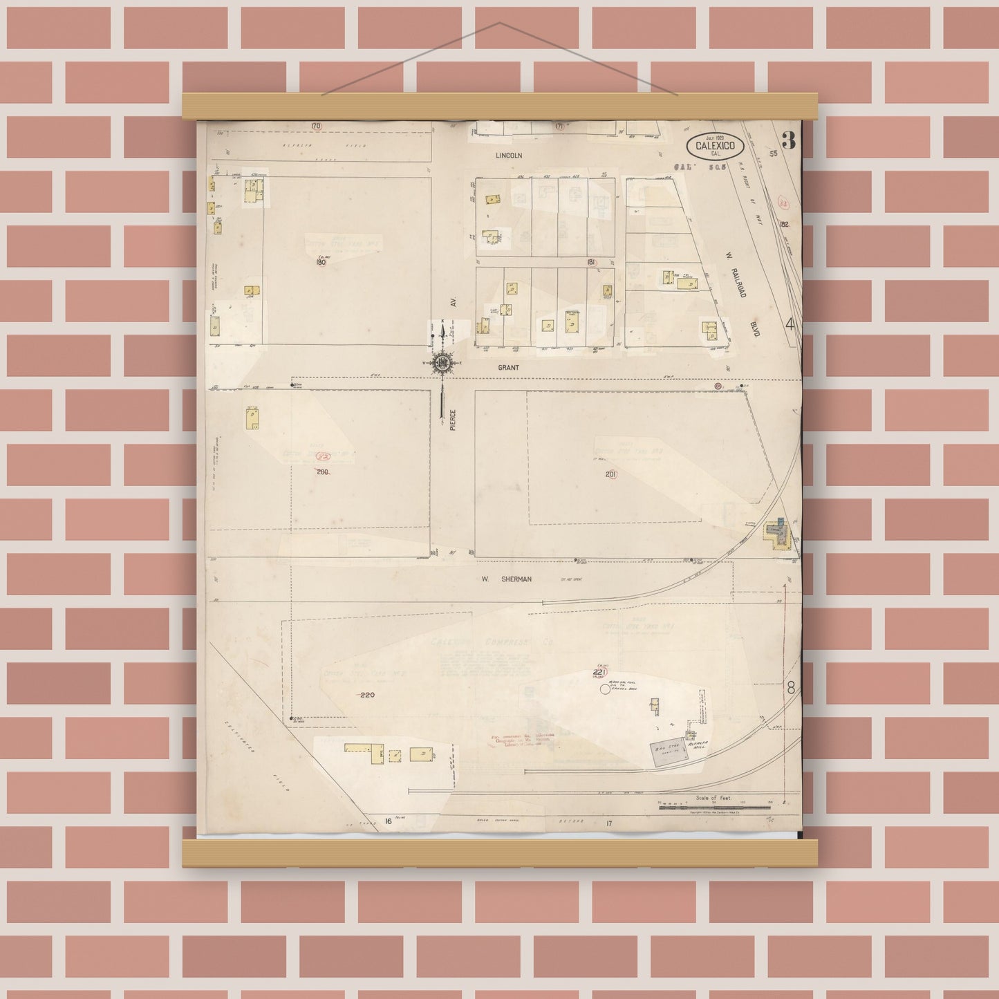 Old map wall art mockup — magnetic wood frame on brick wall — Sanborn Fire Insurance Map from Calexico, Imperial County, California (1949), Sheet #0003