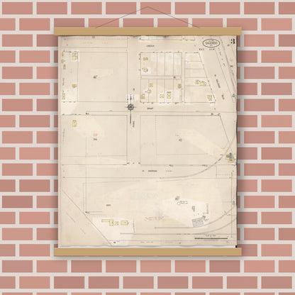 Old map wall art mockup — magnetic wood frame on brick wall — Sanborn Fire Insurance Map from Calexico, Imperial County, California (1949), Sheet #0003