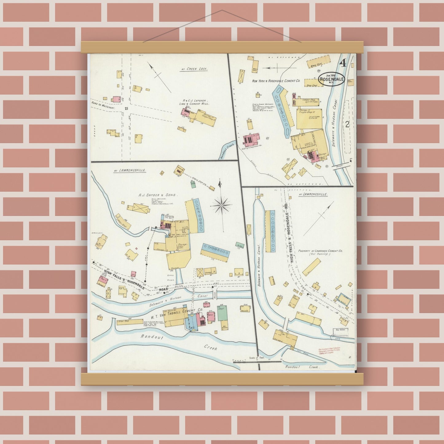 Old map wall art mockup — magnetic wood frame on brick wall — Sanborn Fire Insurance Map from Rosendale, Ulster County, New York (1898), Sheet #0004