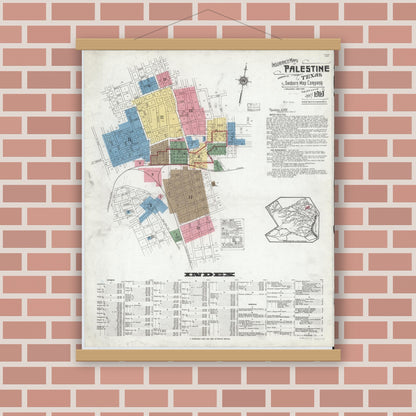 Old map wall art mockup — magnetic wood frame on brick wall — Sanborn Fire Insurance Map from Palestine, Anderson County, Texas (1919) - Complete Map Set