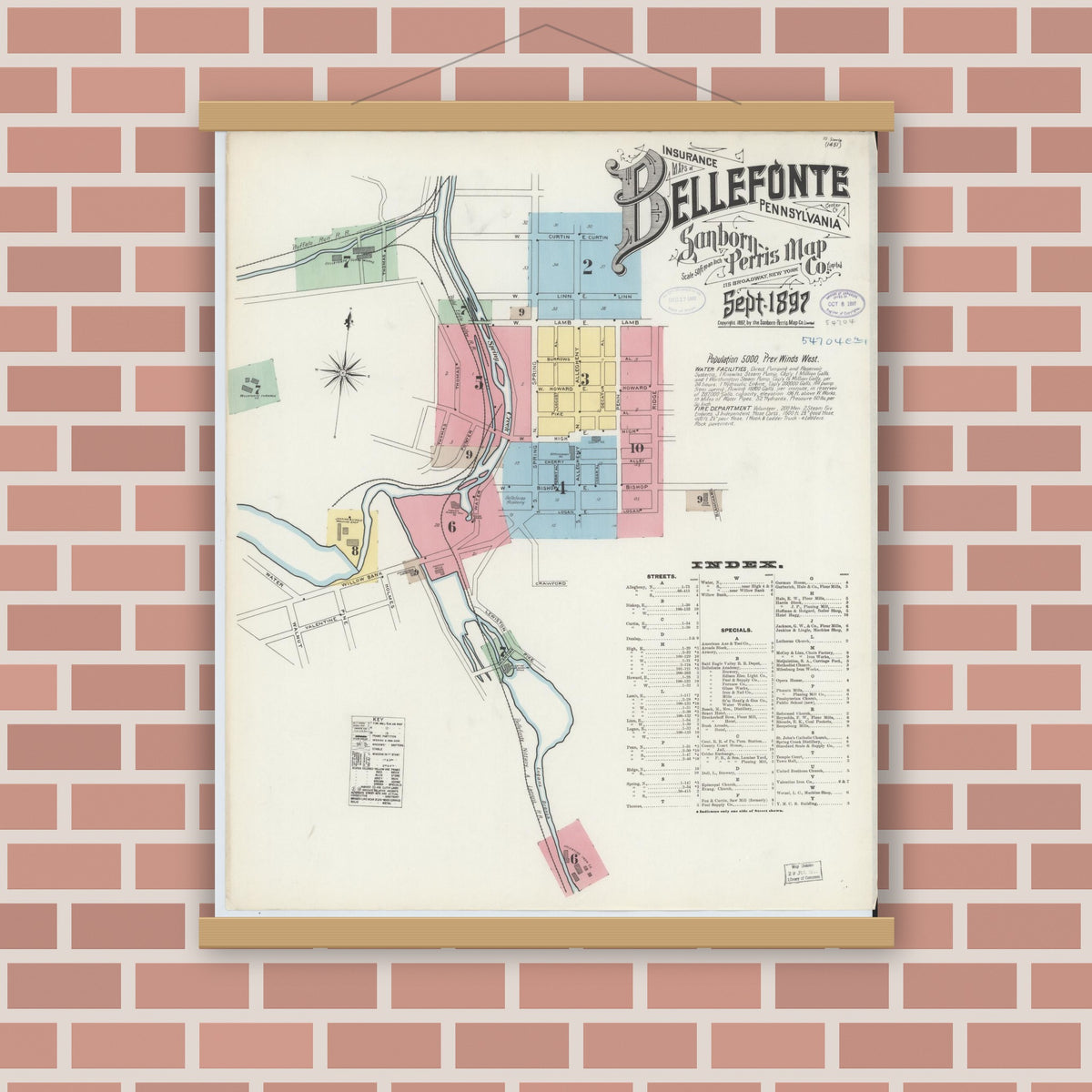 Old map wall art mockup — magnetic wood frame on brick wall — Sanborn Fire Insurance Map from Bellefonte, Centre County, Pennsylvania (1897) - Complete Map Set