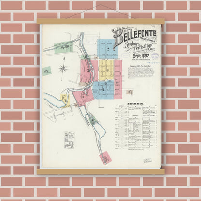 Old map wall art mockup — magnetic wood frame on brick wall — Sanborn Fire Insurance Map from Bellefonte, Centre County, Pennsylvania (1897) - Complete Map Set