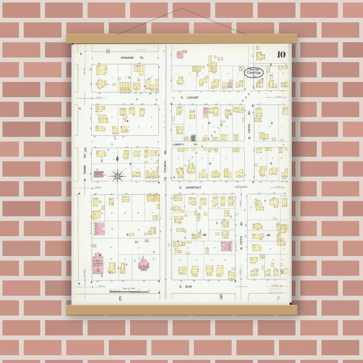Old map wall art mockup — magnetic wood frame on brick wall — Sanborn Fire Insurance Map from Canton, Fulton County, Illinois (1909), Sheet #0010