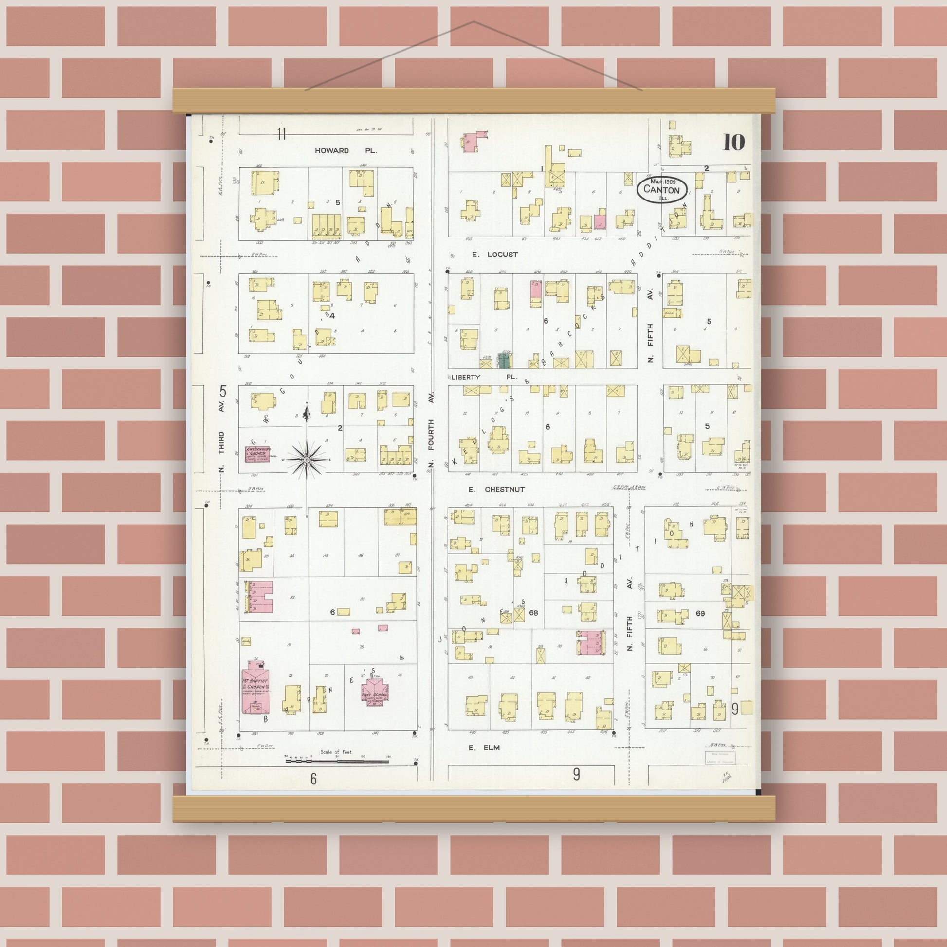 Old map wall art mockup — magnetic wood frame on brick wall — Sanborn Fire Insurance Map from Canton, Fulton County, Illinois (1909), Sheet #0010