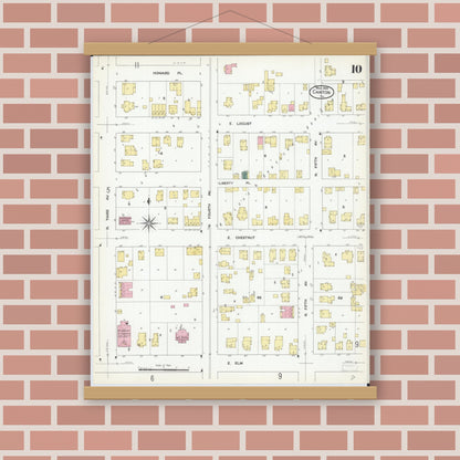 Old map wall art mockup — magnetic wood frame on brick wall — Sanborn Fire Insurance Map from Canton, Fulton County, Illinois (1909), Sheet #0010