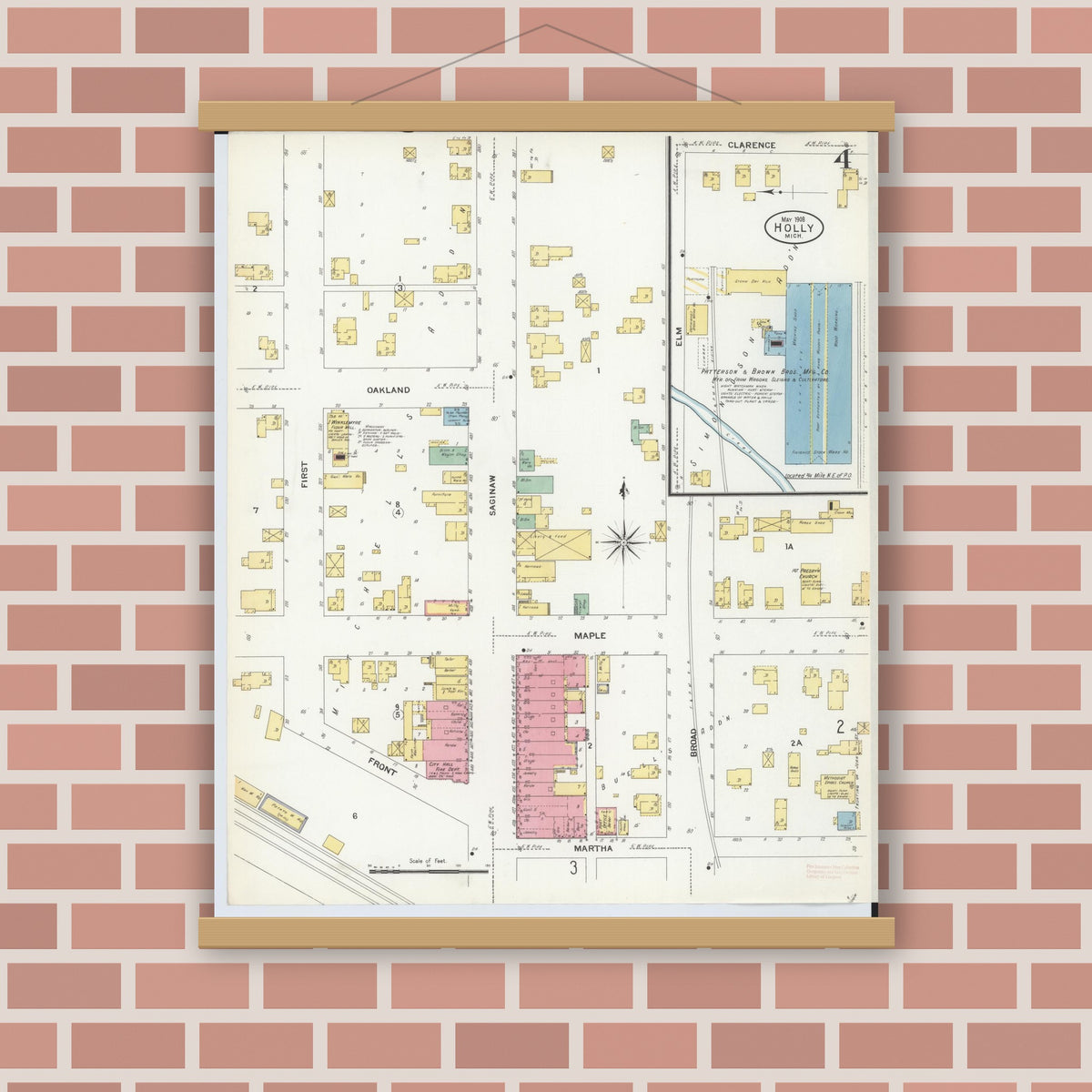 Old map wall art mockup — magnetic wood frame on brick wall — Sanborn Fire Insurance Map from Holly, Oakland County, Michigan (1908), Sheet #0004