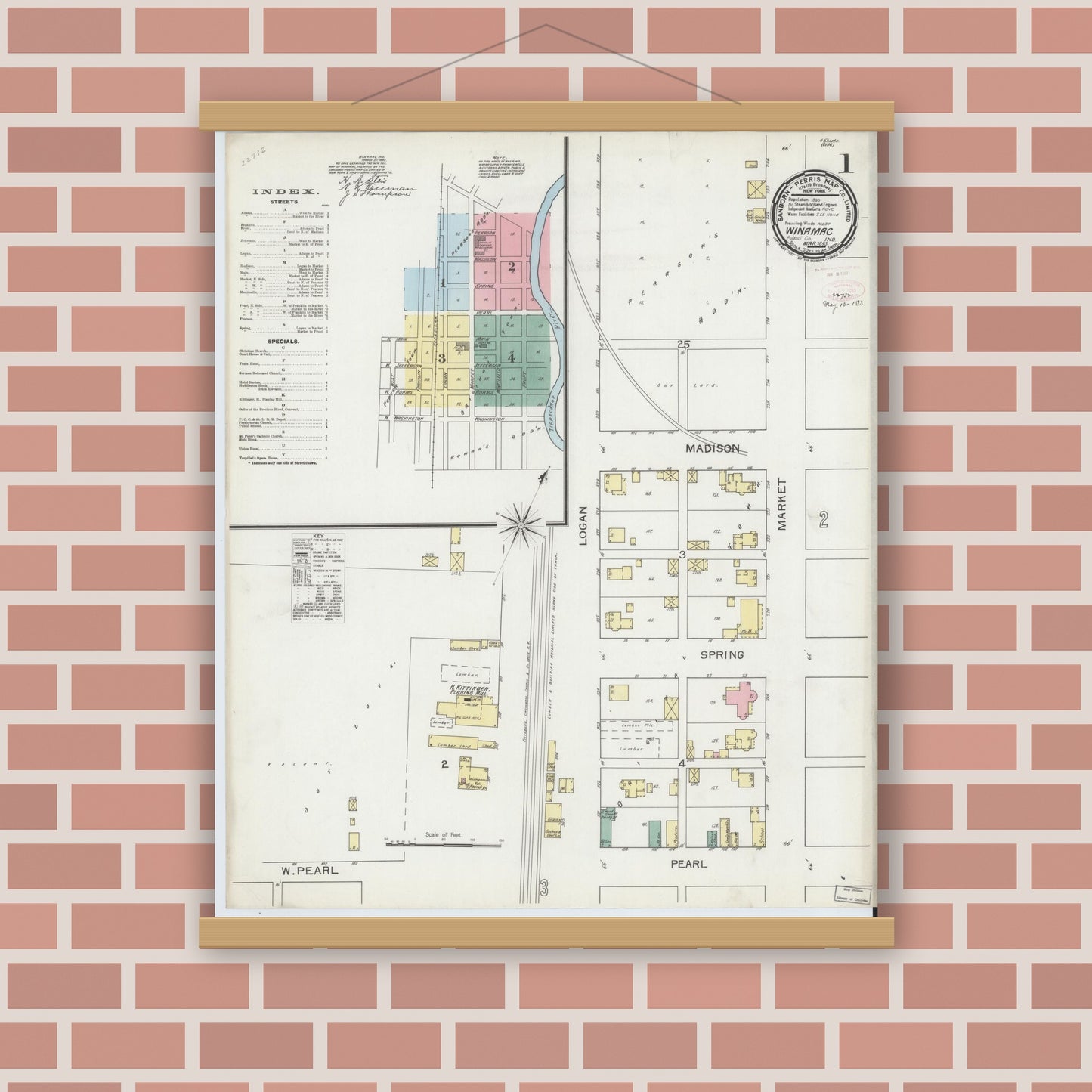 Old map wall art mockup — magnetic wood frame on brick wall — Sanborn Fire Insurance Map from Winamac, Pulaski County, Indiana (1893) - Complete Map Set