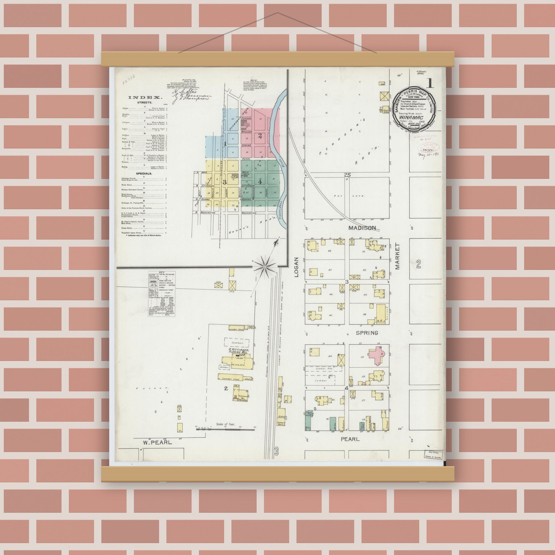 Old map wall art mockup — magnetic wood frame on brick wall — Sanborn Fire Insurance Map from Winamac, Pulaski County, Indiana (1893) - Complete Map Set