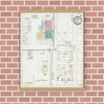 Old map wall art mockup — magnetic wood frame on brick wall — Sanborn Fire Insurance Map from Winamac, Pulaski County, Indiana (1893) - Complete Map Set