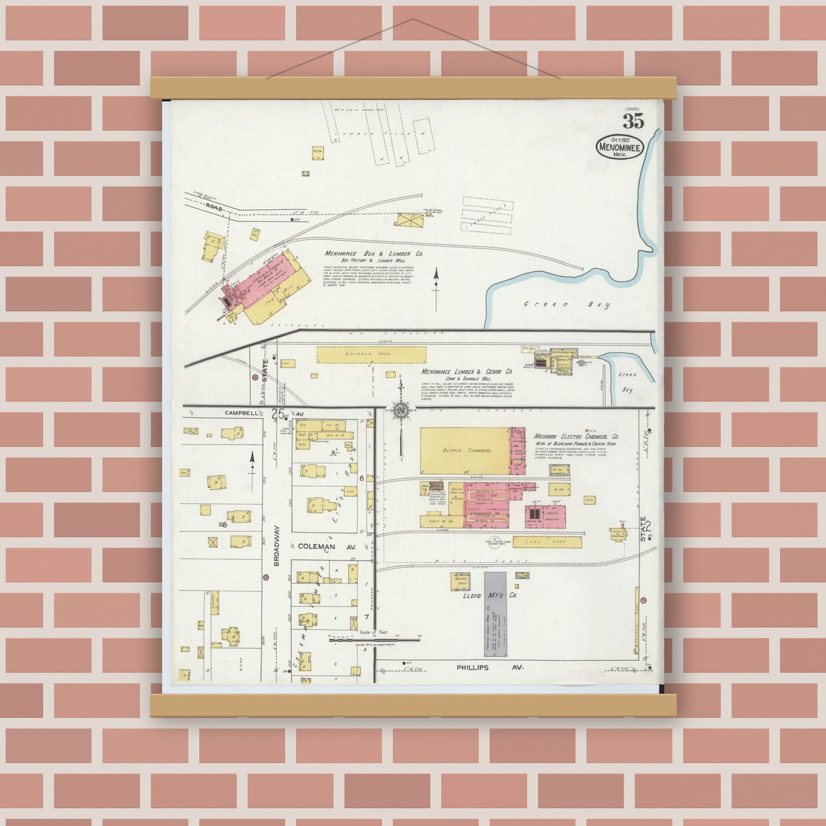 Old map wall art mockup — magnetic wood frame on brick wall — Sanborn Fire Insurance Map from Menominee, Menominee County, Michigan (1921), Sheet #0035