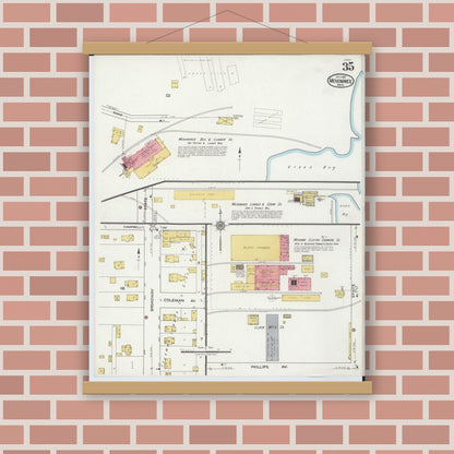 Old map wall art mockup — magnetic wood frame on brick wall — Sanborn Fire Insurance Map from Menominee, Menominee County, Michigan (1921), Sheet #0035