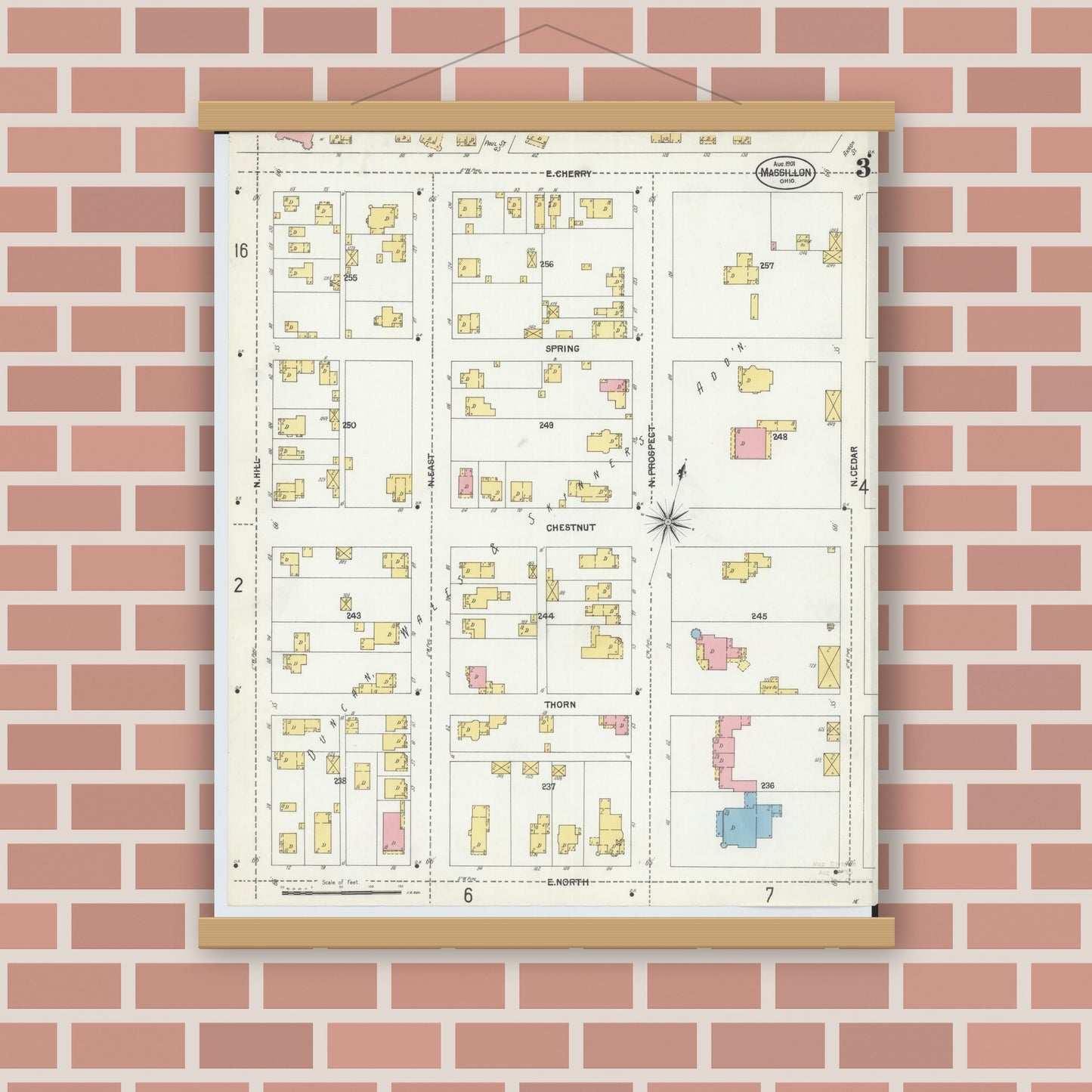 Old map wall art mockup — magnetic wood frame on brick wall — Sanborn Fire Insurance Map from Massillon, Stark County, Ohio (1901), Sheet #0003