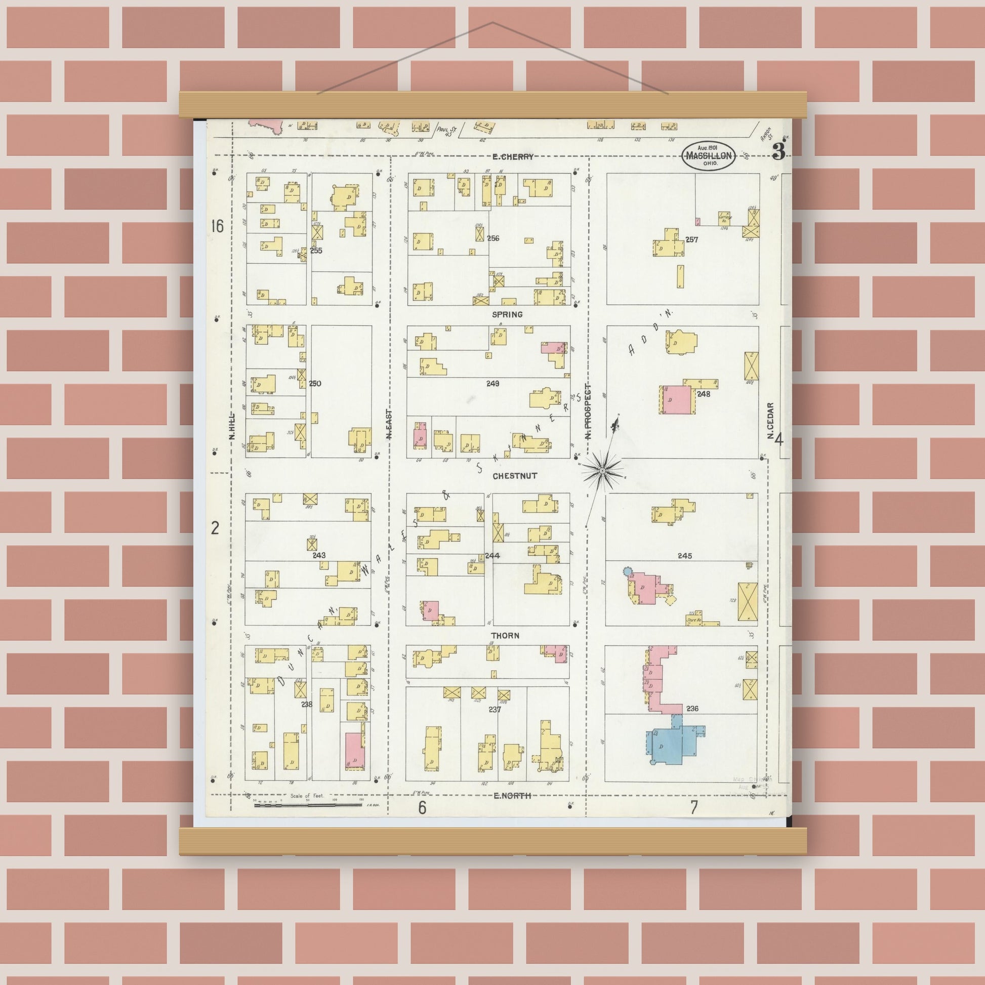 Old map wall art mockup — magnetic wood frame on brick wall — Sanborn Fire Insurance Map from Massillon, Stark County, Ohio (1901), Sheet #0003