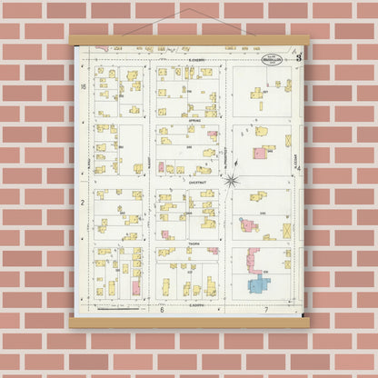 Old map wall art mockup — magnetic wood frame on brick wall — Sanborn Fire Insurance Map from Massillon, Stark County, Ohio (1901), Sheet #0003