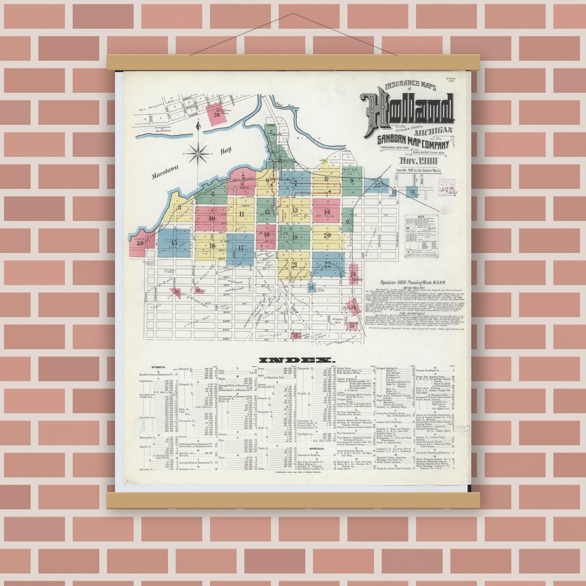 Old map wall art mockup — magnetic wood frame on brick wall — Sanborn Fire Insurance Map from Holland, Ottawa County, Michigan (1908) - Complete Map Set