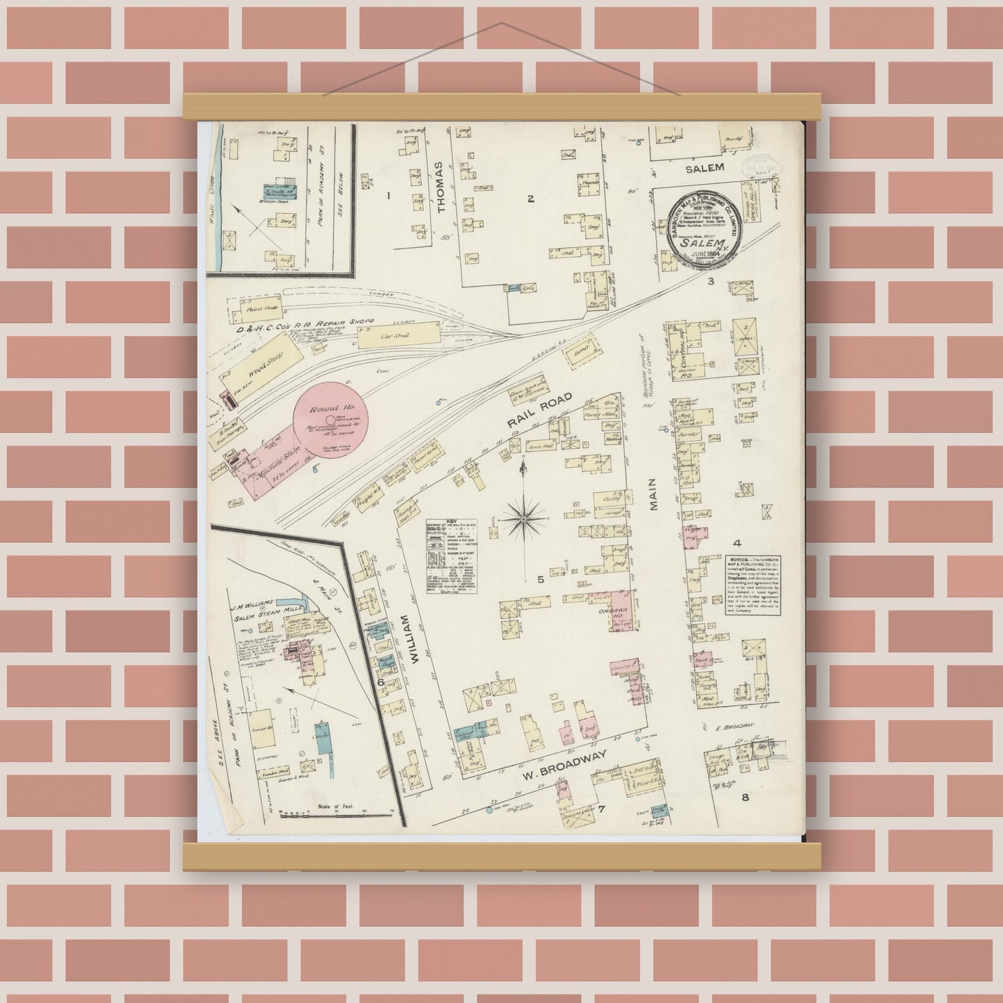 Old map wall art mockup — magnetic wood frame on brick wall — Sanborn Fire Insurance Map from Salem, Washington County, New York (1884), Sheet #0001