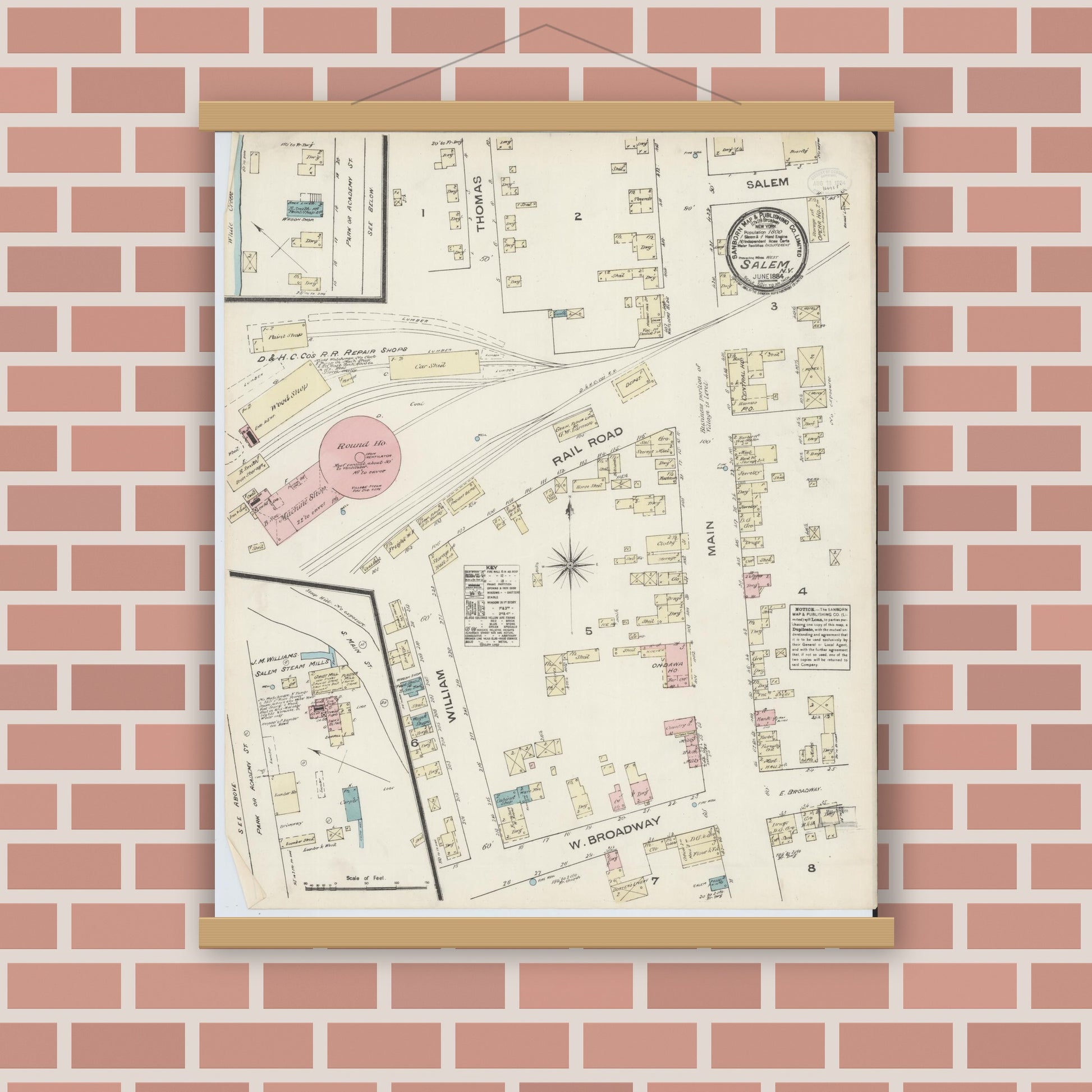 Old map wall art mockup — magnetic wood frame on brick wall — Sanborn Fire Insurance Map from Salem, Washington County, New York (1884), Sheet #0001