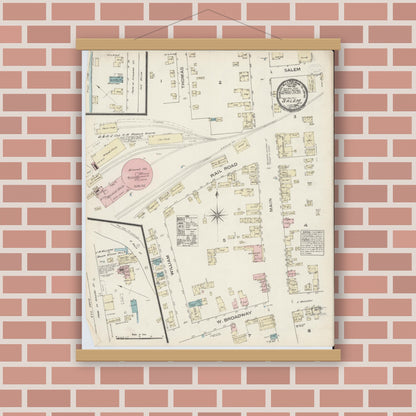 Old map wall art mockup — magnetic wood frame on brick wall — Sanborn Fire Insurance Map from Salem, Washington County, New York (1884), Sheet #0001