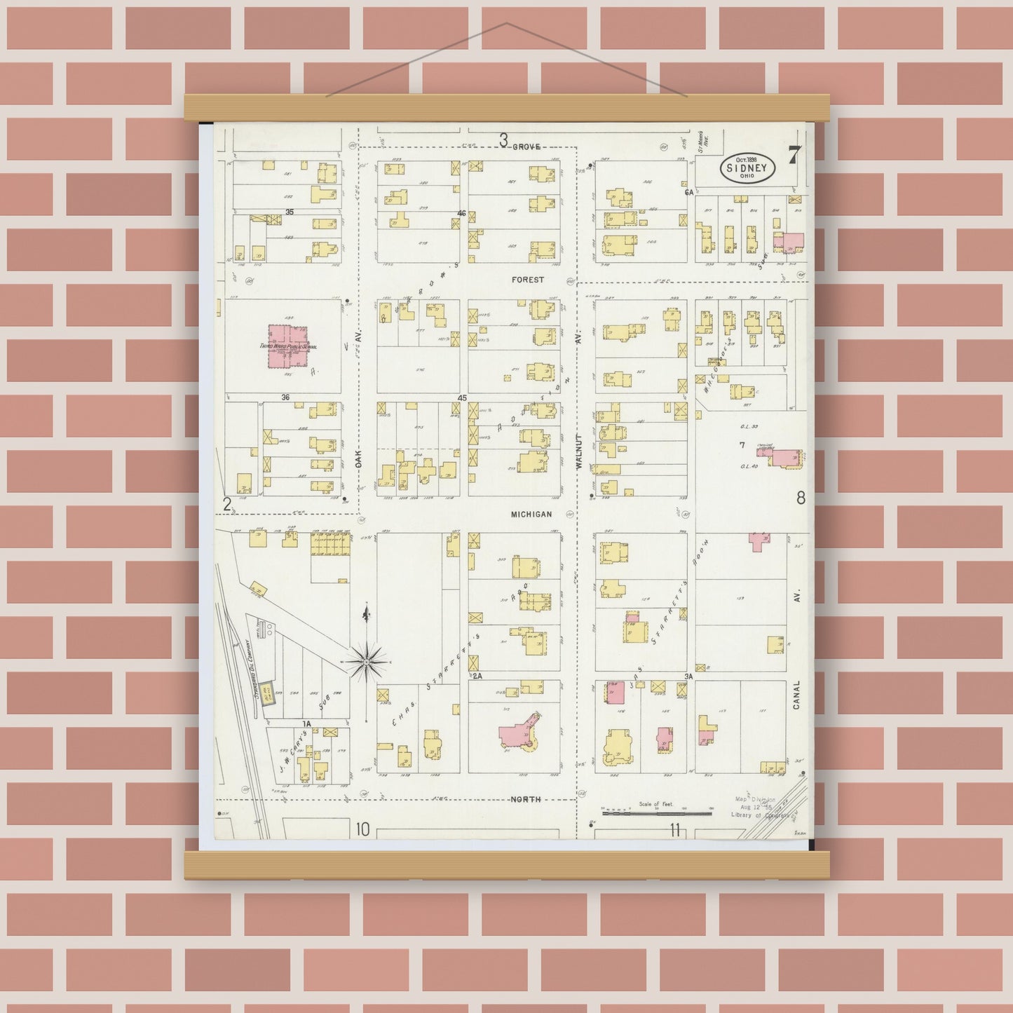 Old map wall art mockup — magnetic wood frame on brick wall — Sanborn Fire Insurance Map from Sidney, Shelby County, Ohio (1898), Sheet #0007