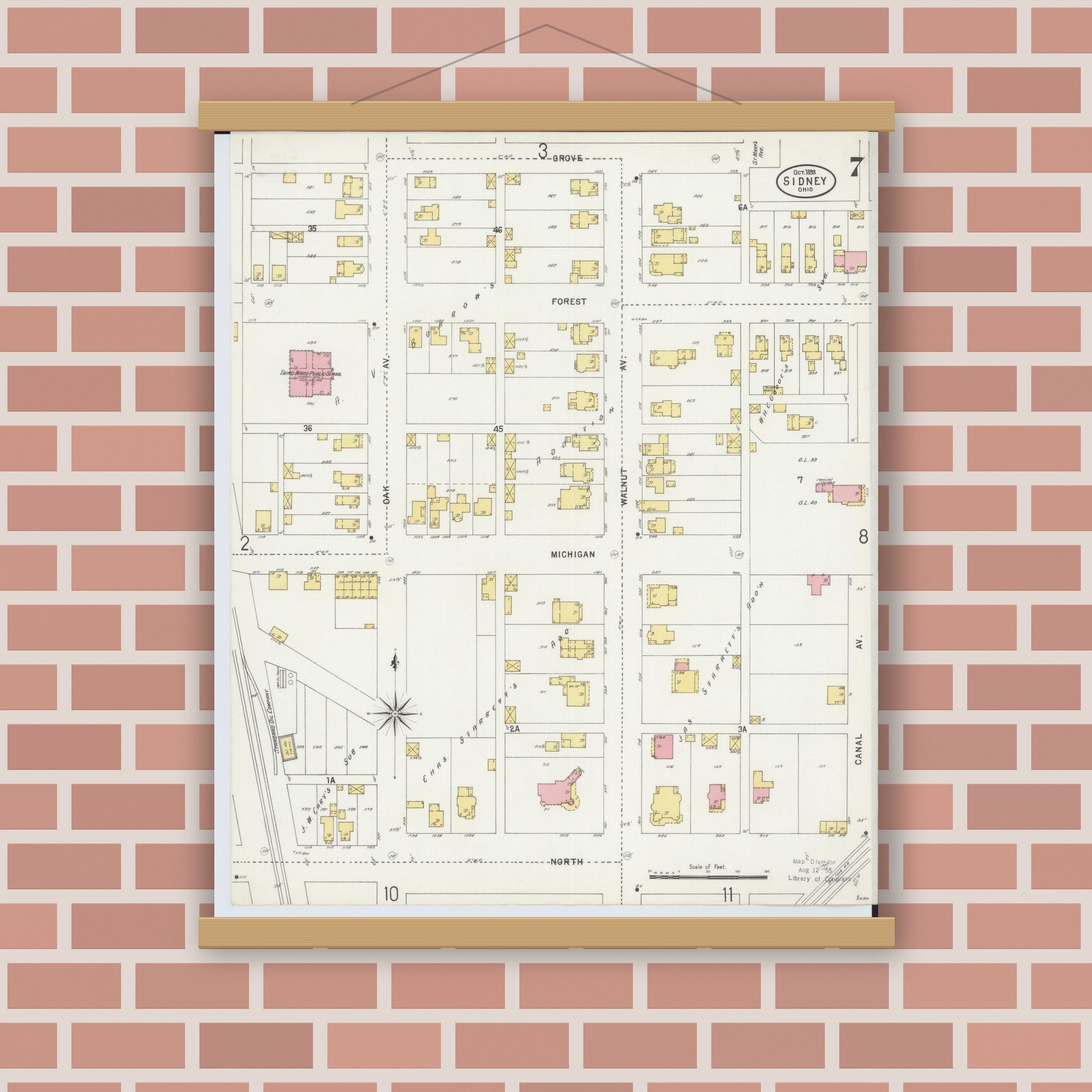 Old map wall art mockup — magnetic wood frame on brick wall — Sanborn Fire Insurance Map from Sidney, Shelby County, Ohio (1898), Sheet #0007