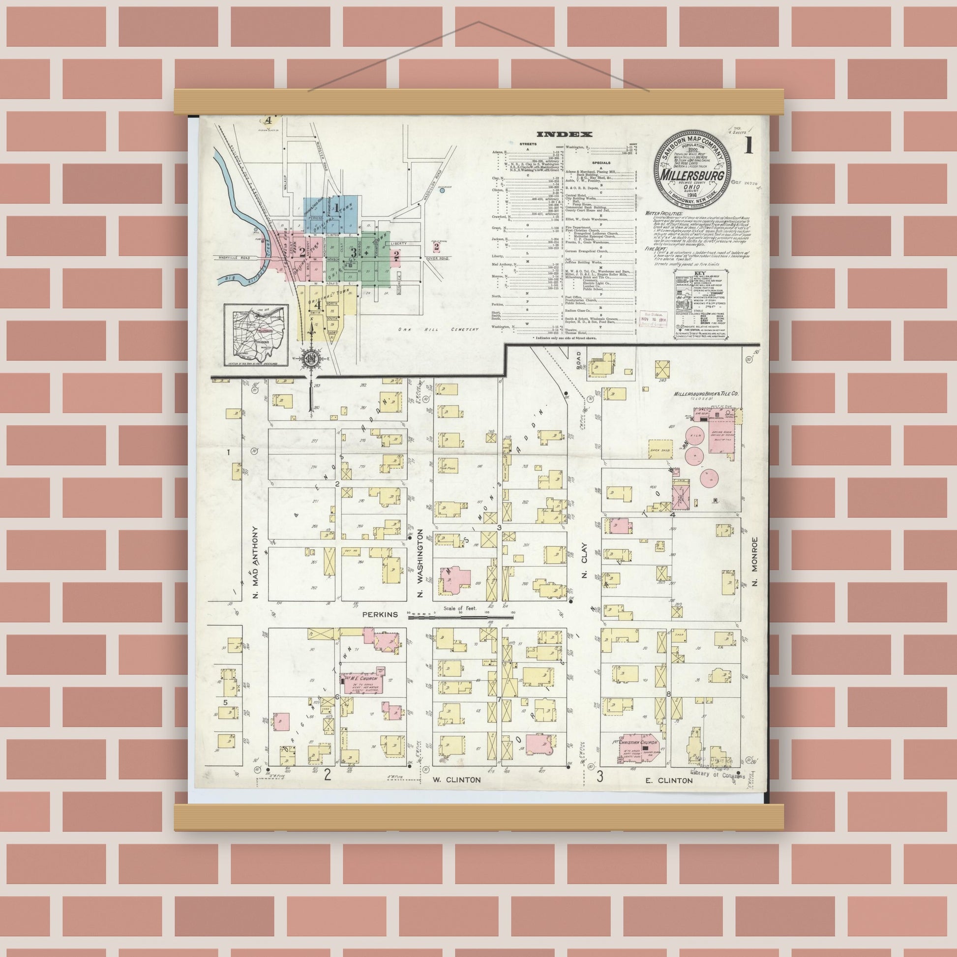 Old map wall art mockup — magnetic wood frame on brick wall — Sanborn Fire Insurance Map from Millersburg, Holmes County, Ohio (1914) - Complete Map Set