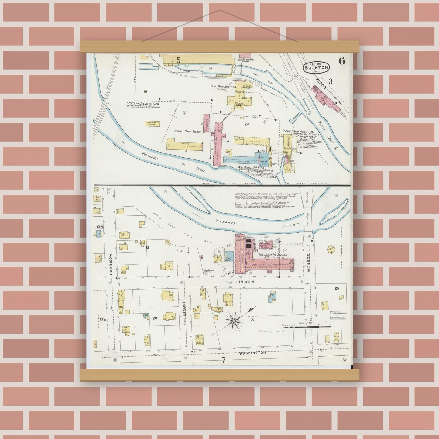 Old map wall art mockup — magnetic wood frame on brick wall — Sanborn Fire Insurance Map from Boonton, Morris County, New Jersey (1896), Sheet #0006