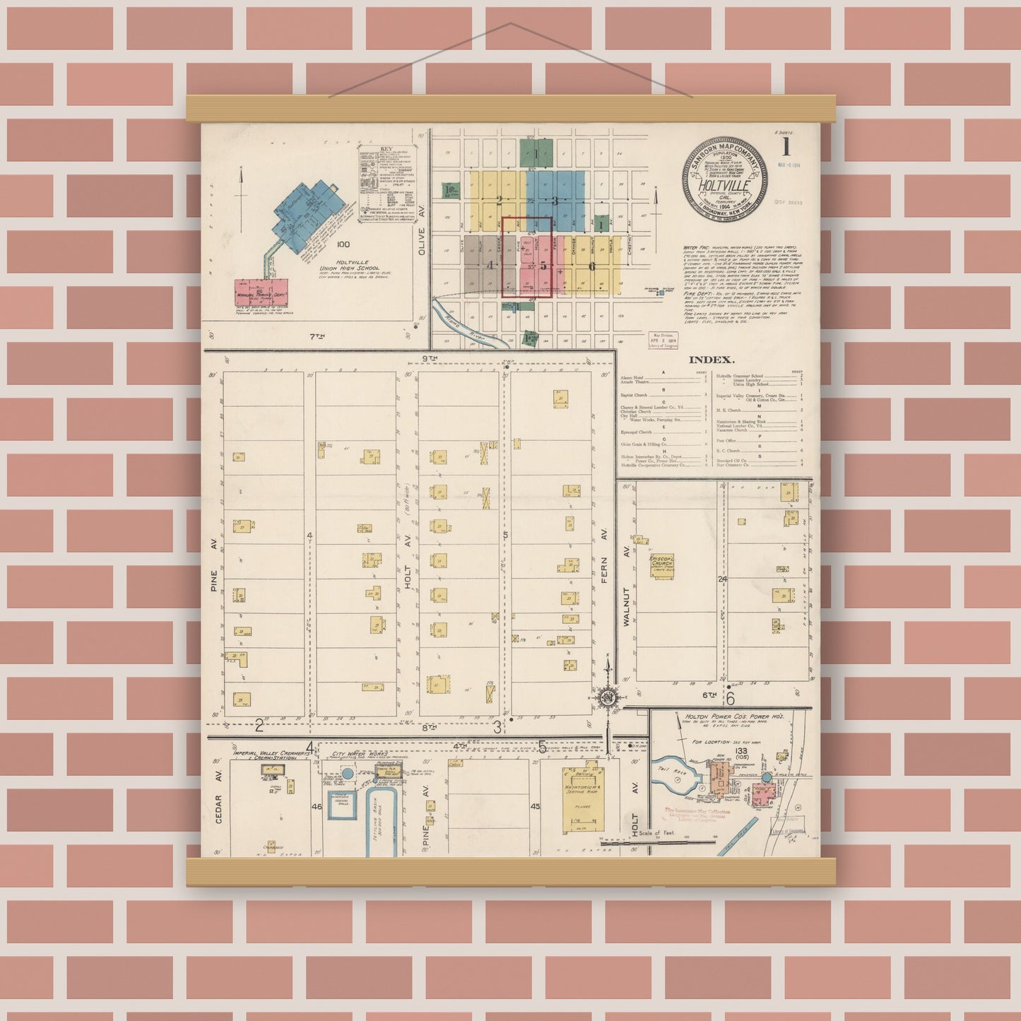 Old map wall art mockup — magnetic wood frame on brick wall — Sanborn Fire Insurance Map from Holtville, Imperial County, California (1914) - Complete Map Set
