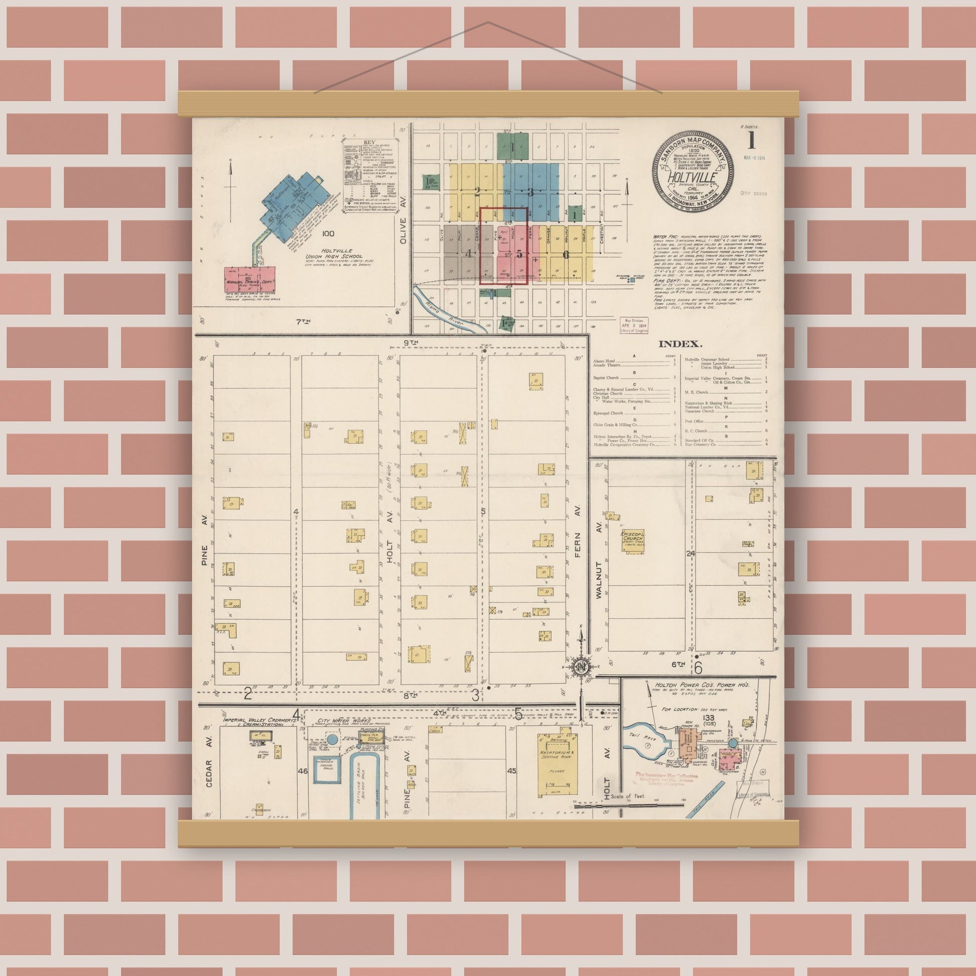 Old map wall art mockup — magnetic wood frame on brick wall — Sanborn Fire Insurance Map from Holtville, Imperial County, California (1914) - Complete Map Set