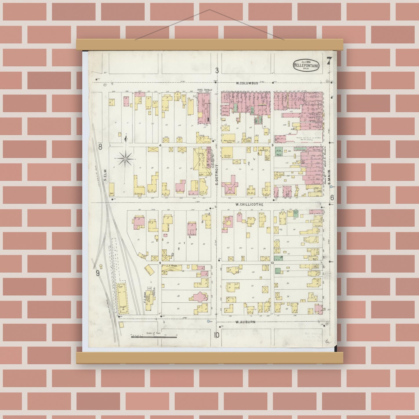 Old map wall art mockup — magnetic wood frame on brick wall — Sanborn Fire Insurance Map from Bellefontaine, Logan County, Ohio (1896), Sheet #0007