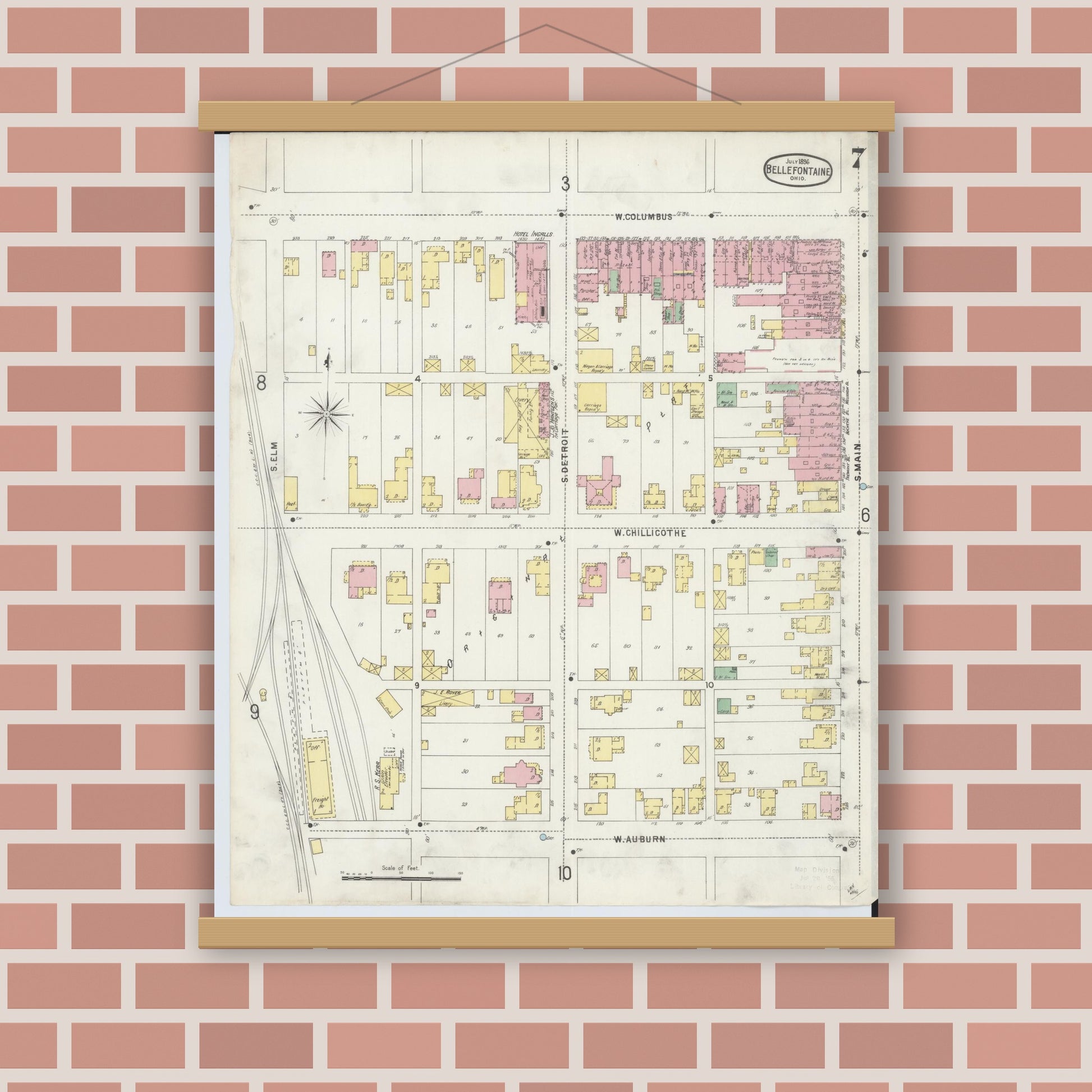 Old map wall art mockup — magnetic wood frame on brick wall — Sanborn Fire Insurance Map from Bellefontaine, Logan County, Ohio (1896), Sheet #0007