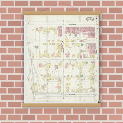 Old map wall art mockup — magnetic wood frame on brick wall — Sanborn Fire Insurance Map from Bellefontaine, Logan County, Ohio (1896), Sheet #0007
