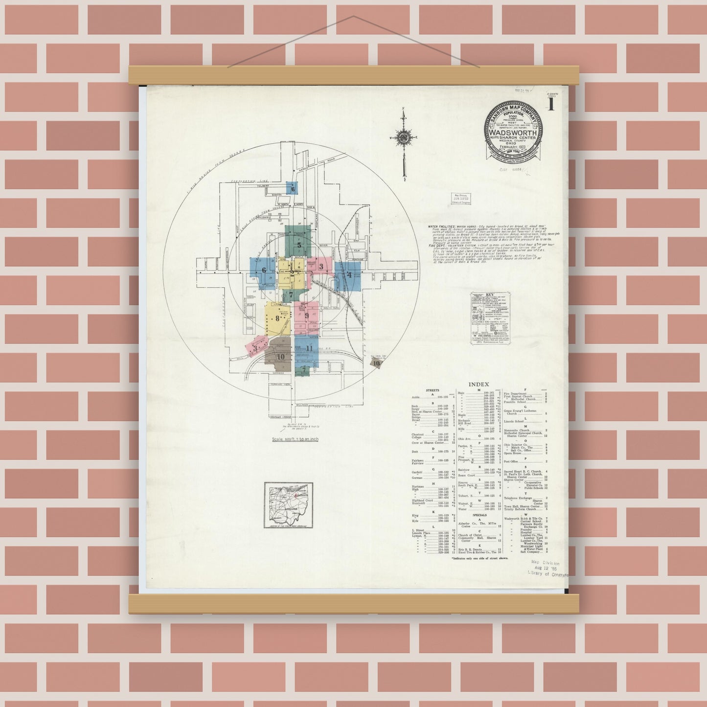 Old map wall art mockup — magnetic wood frame on brick wall — Sanborn Fire Insurance Map from Wadsworth, Medina County, Ohio (1923) - Complete Map Set